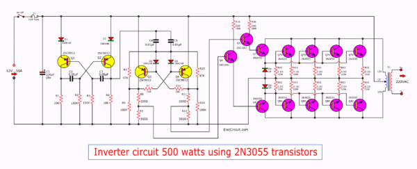 12 Volt to 220 Volt Inverter circuit 500W - ElecCircuit.com