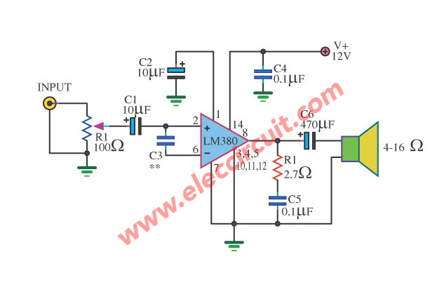 2 Watt Amplifier Circuit - Small Ic Amplifier 2 Watt Using Lm380 - 2 Watt Amplifier Circuit