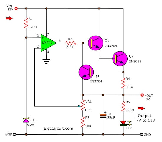 12V to 9V 2A step down dc converter using IC 741 and 2N3055 Electronic projects circuits