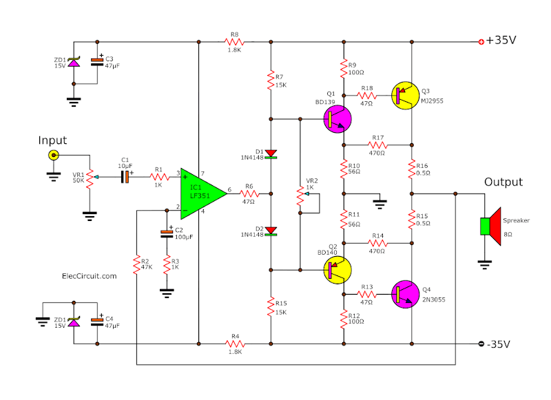 2n3055 Mj2955 Amplifier Circuit - Main Amplifier 50 Watt Ocl By Lf351 2n3055 - 2n3055 Mj2955 Amplifier Circuit