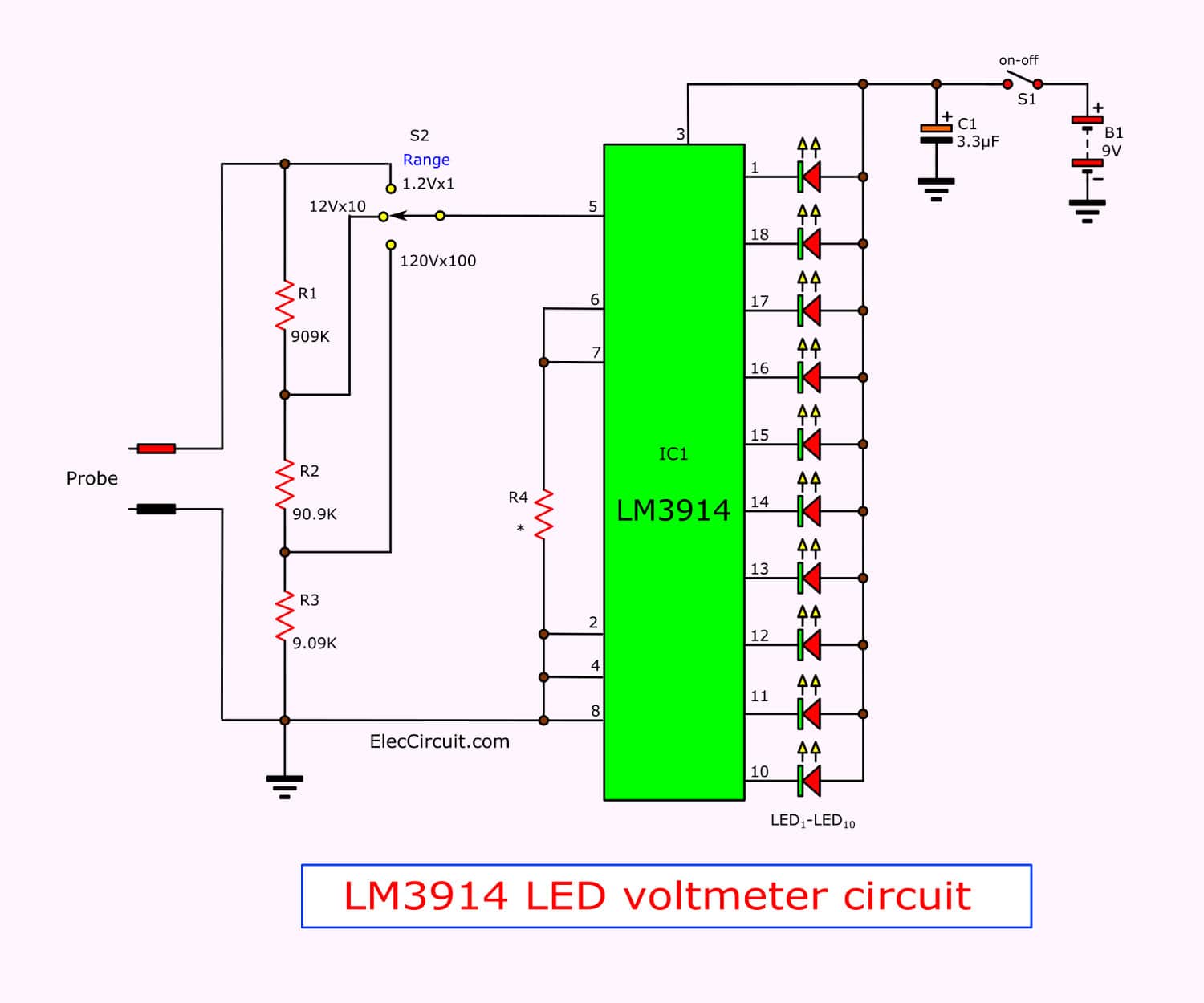 Simple LED voltmeter circuit using LM3914 - ElecCircuit