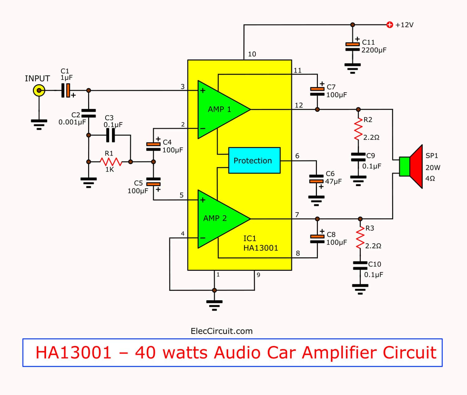 Mini 40 watt audio car amplifier circuit using HA13001