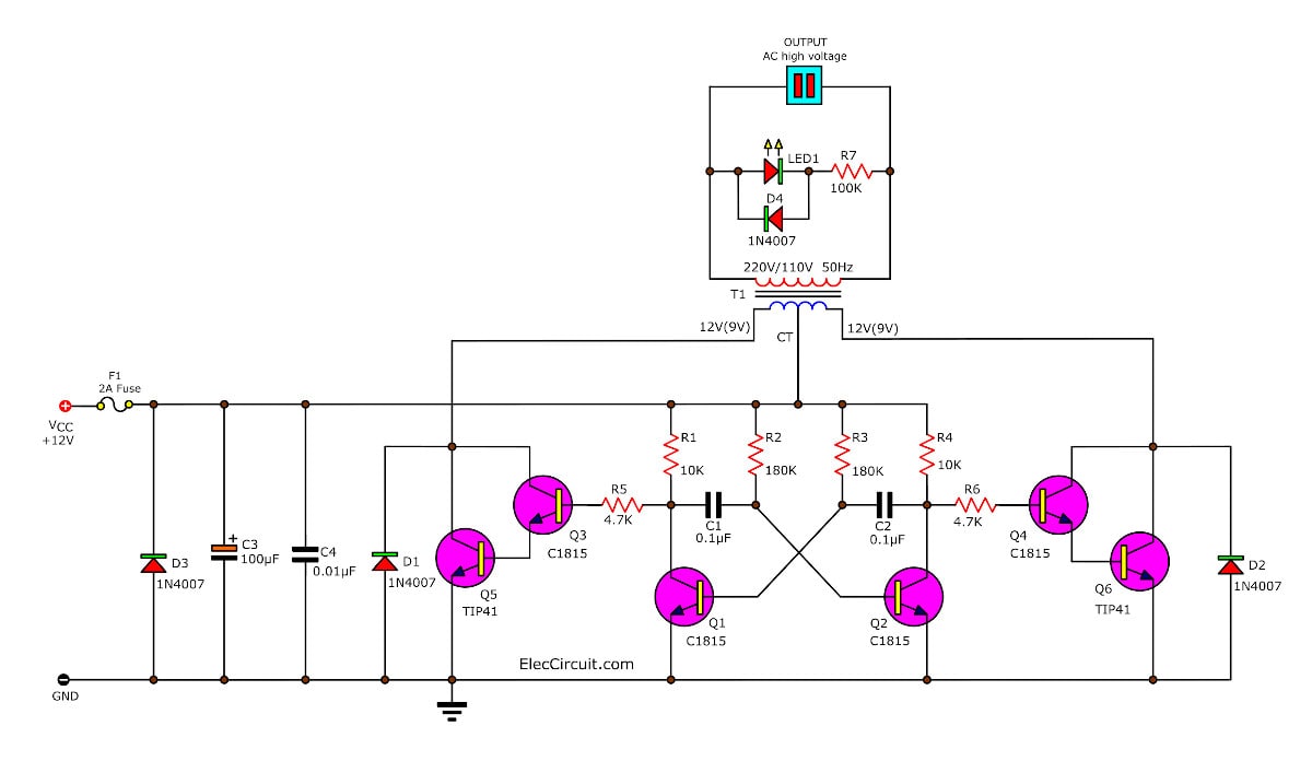 Simple Inverter Circuit - Electric Fish Shocker Circuit  C2 B7 Simple Inverter Circuit Using 6 Transistors - Simple Inverter Circuit
