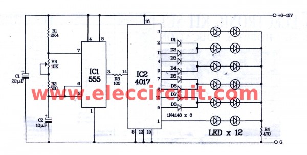 Two way 12 LED running lights using CD4017 and NE555