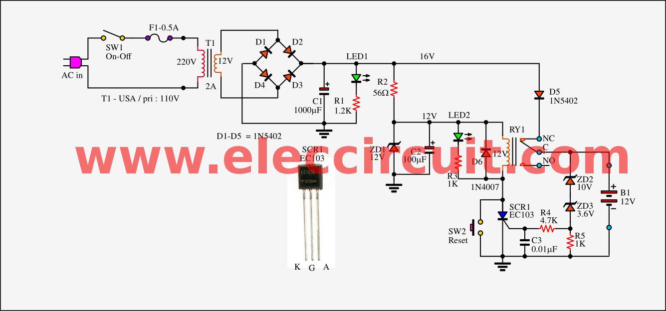 Simple auto cut off 12V battery charger | Eleccircuit.com