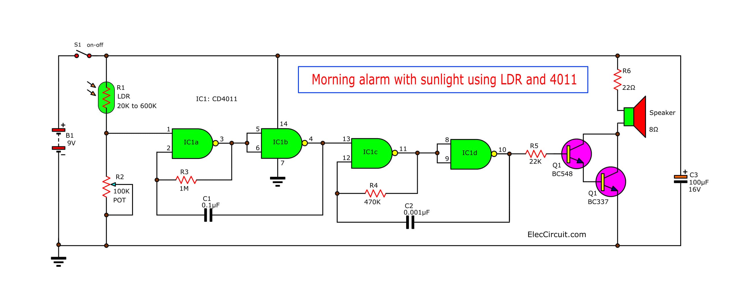 Morning sun alarm circuit using IC-4011 - ElecCircuit.com