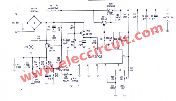 The circuit diagram of 0-50V 3A Variable DC power supply