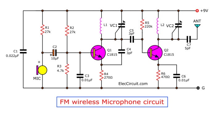 Wireless Mic Amplifier Circuit Digram - Two Transistors Fm Wireless Microphone Circuit - Wireless Mic Amplifier Circuit Digram