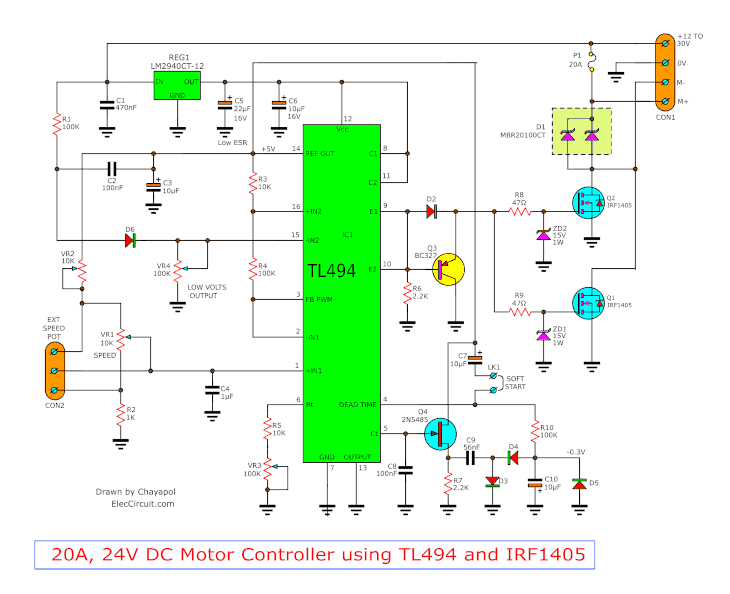 12V-24V PWM Motor controller circuit using TL494-IRF1405