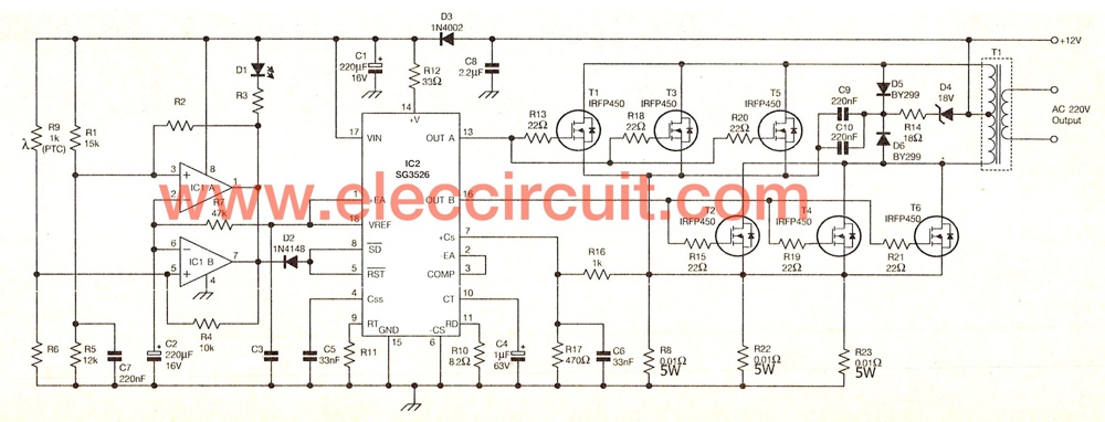 12 Volt to 220 Volt Inverter circuit 500W - ElecCircuit.com