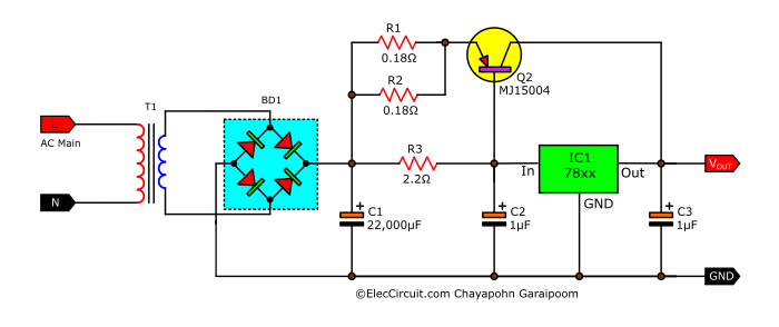 10A DC power supply circuit using 78xx, MJ15004