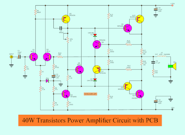 40 W transistor audio amplifier circuit with PCB - Eleccircuit