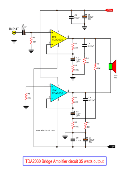 TDA2030 Bridge Amplifier circuit diagram 35W output