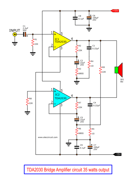 TDA2030 bridge amplifier circuit diagram with PCB, 35W RMS  