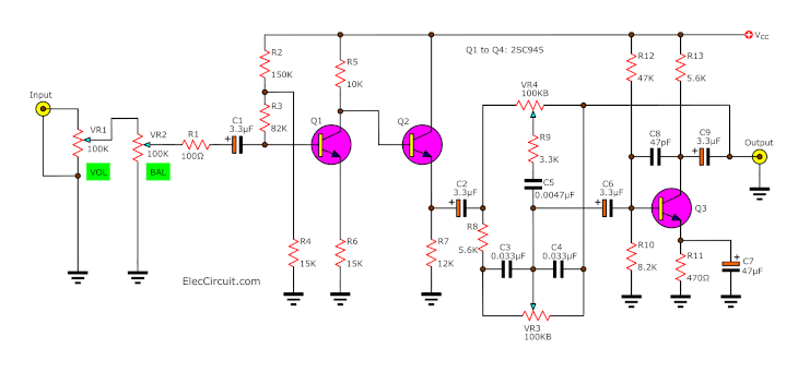 Simple bass treble tone control circuit diagram ...