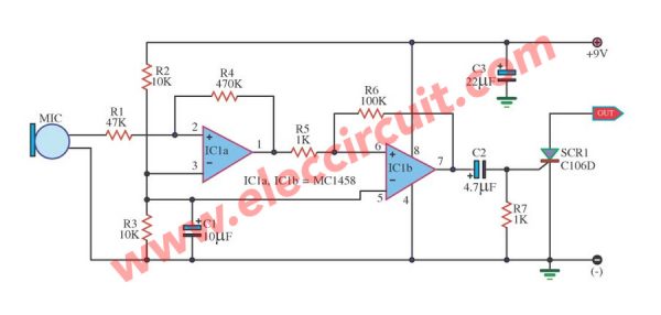 Sound SCR Switching circuit using IC-1458 and SCR-C106D