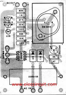 PCB layout of Variable power supply using IC-741,2N3055, and 2N3565