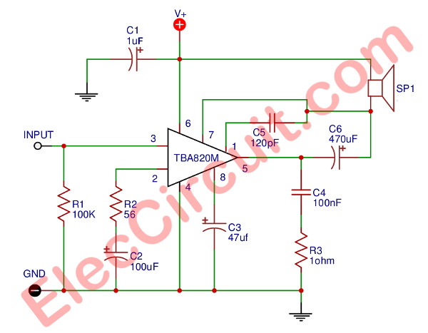 circuit of power amplifier mini 2w + 2w using TBA820