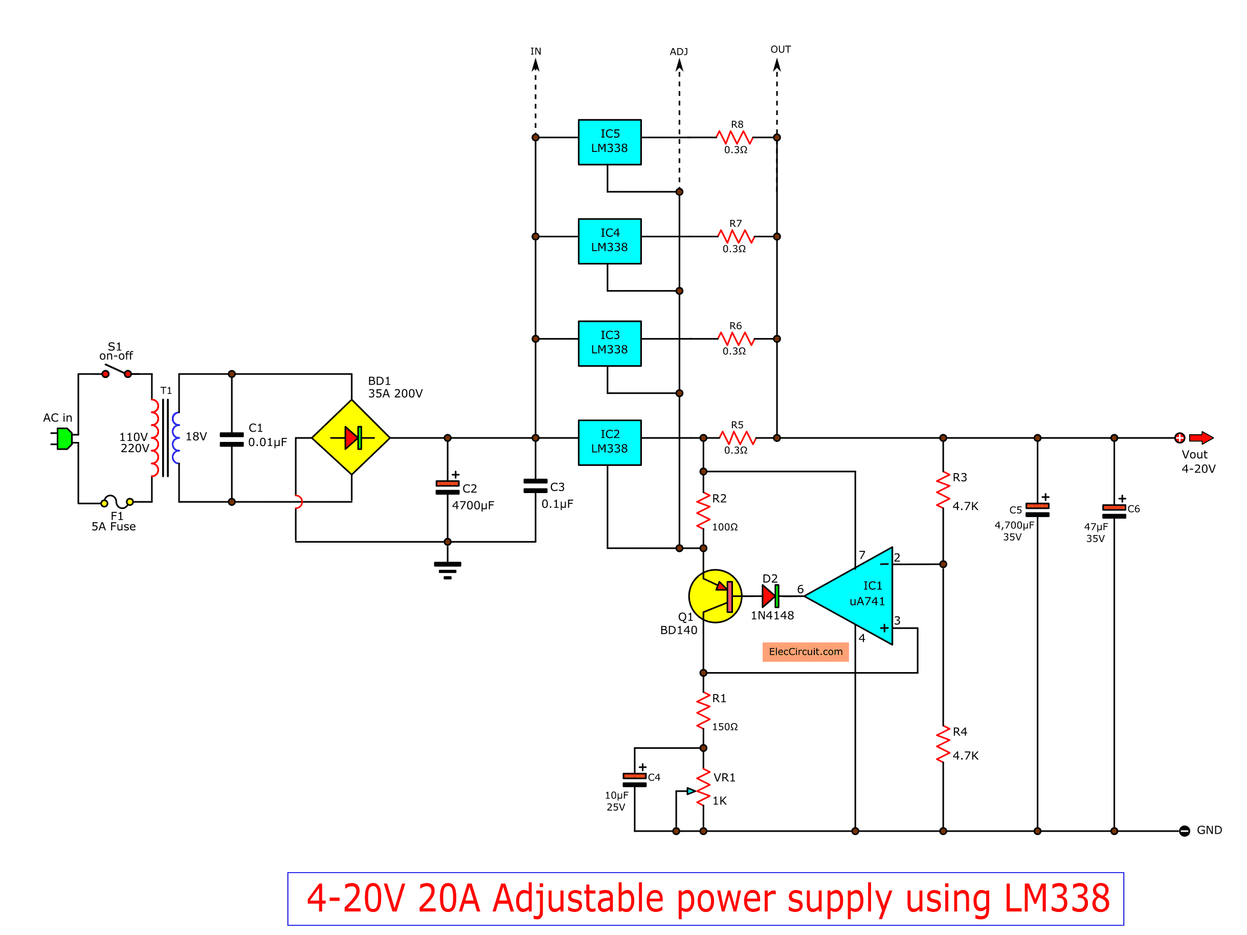 High current adjustable voltage regulator circuit, 0-30V 20A