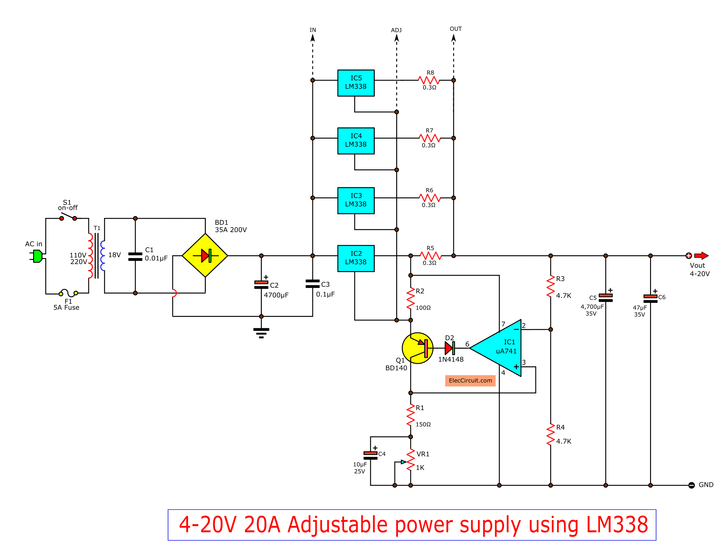 High current adjustable voltage regulator circuit 0 30V 20A High current adjustable voltage regulator circuit 0 30V 20A