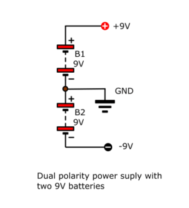 Dual polarity power supply with two 9V batteries