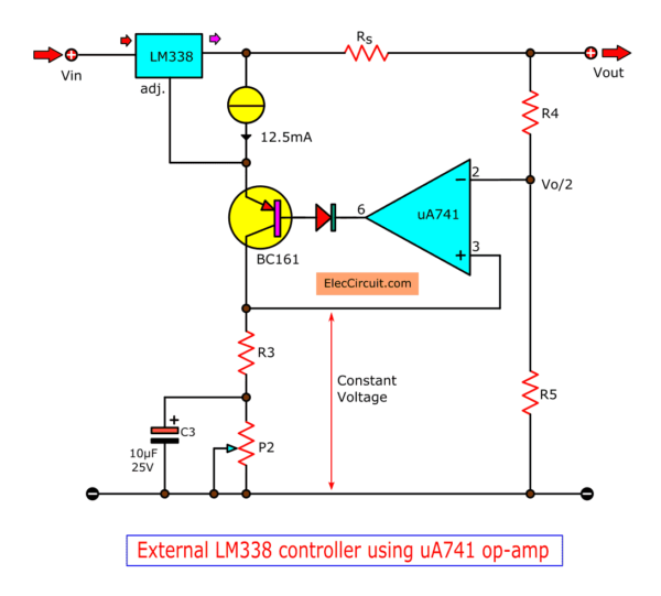 External LM338 controls using uA741 op-amp