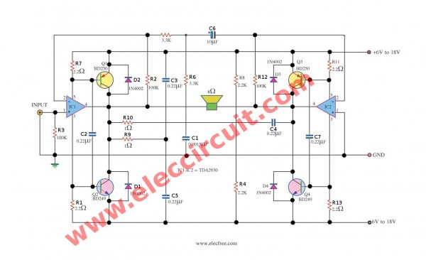 TDA2030 subwoofer amplifier circuit - ElecCircuit.com