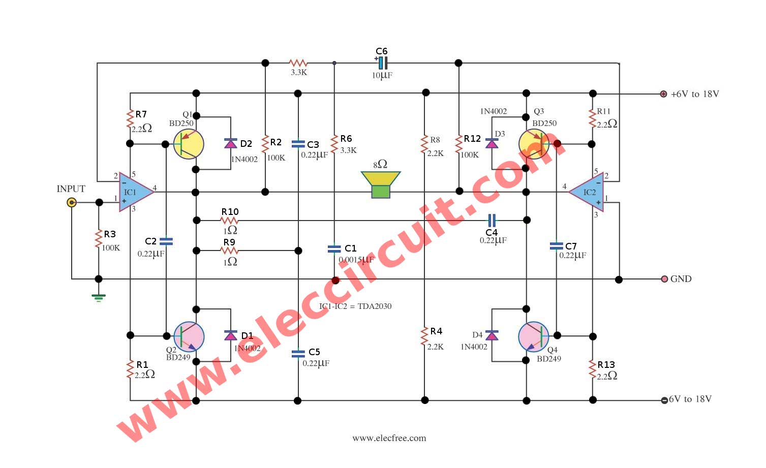 Tda2030 Subwoofer Amplifier Circuit Eleccircuit Com