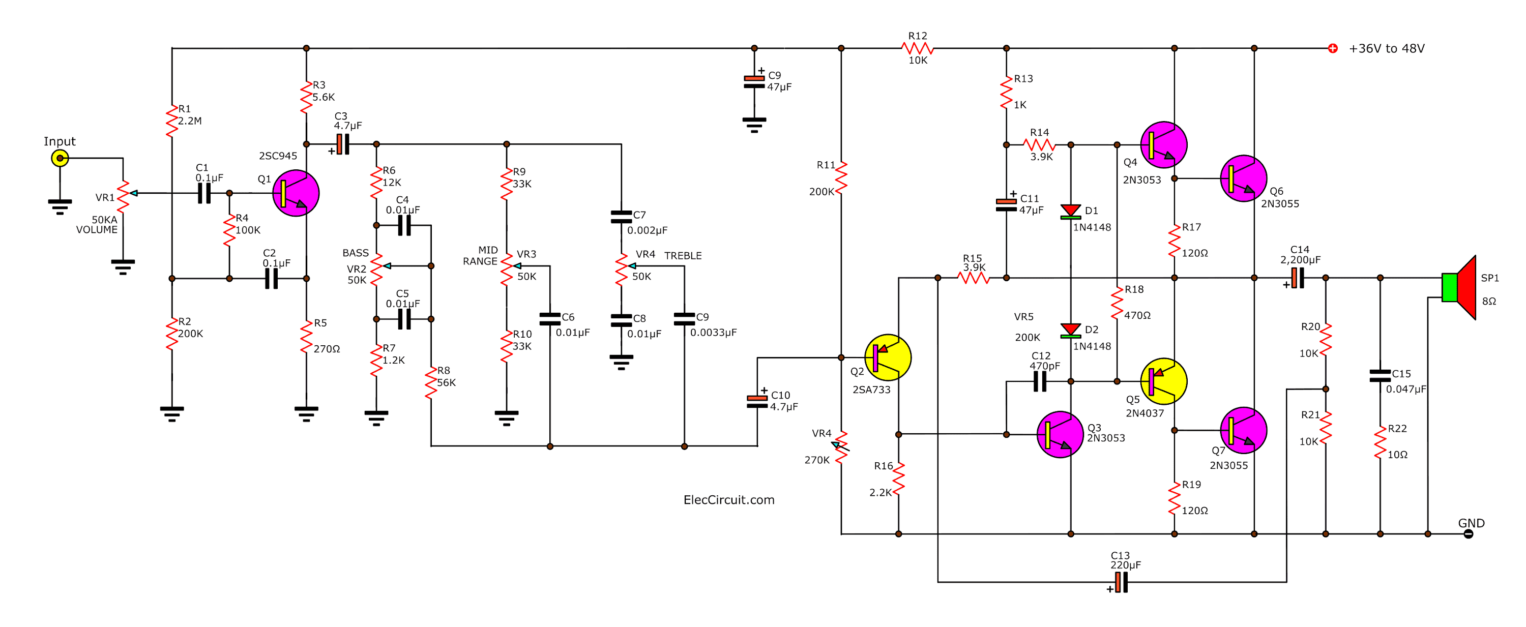 35 watts Audio amplifier circuit with bass and treble ...