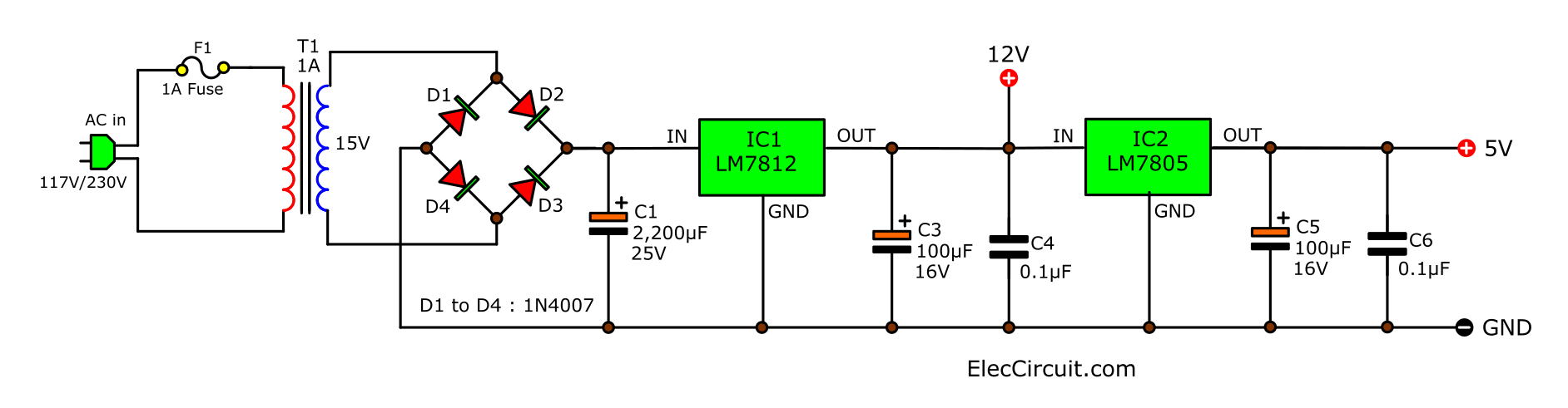 5v 12v dual power supply circuit using 2N3055-LM309