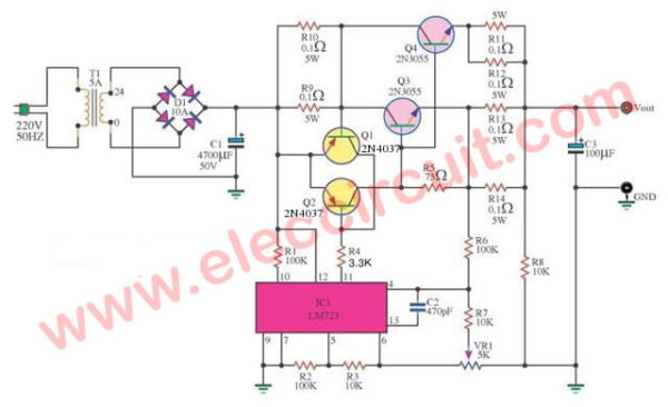 5A 0-30V variable regulator LM723 and 2N3055