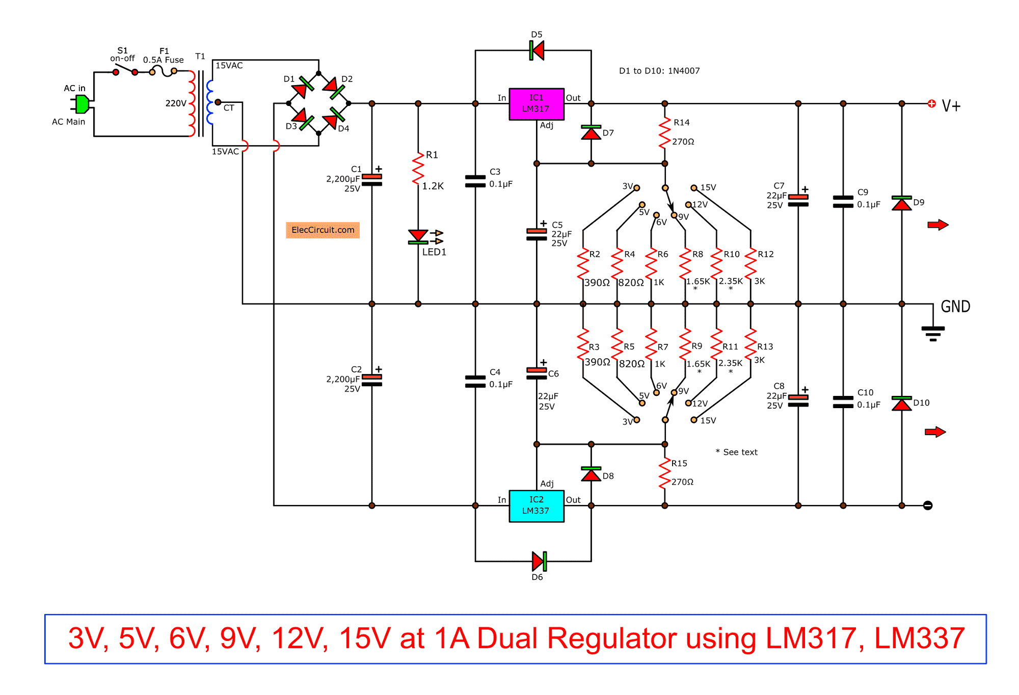 Dual power supply circuit 3V,5V,6V,9V,12,15V LM317,LM337