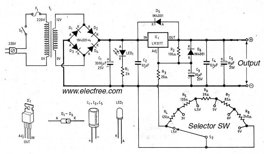 LM317 voltage selector power supply 1.5V,3V,4.5V,5V,6V,9V