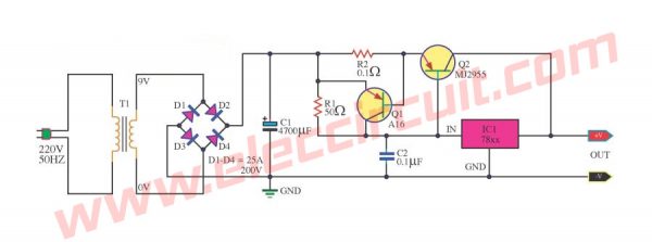 Circuit diagram of power supply 5V 5A by 7805+Mj2955