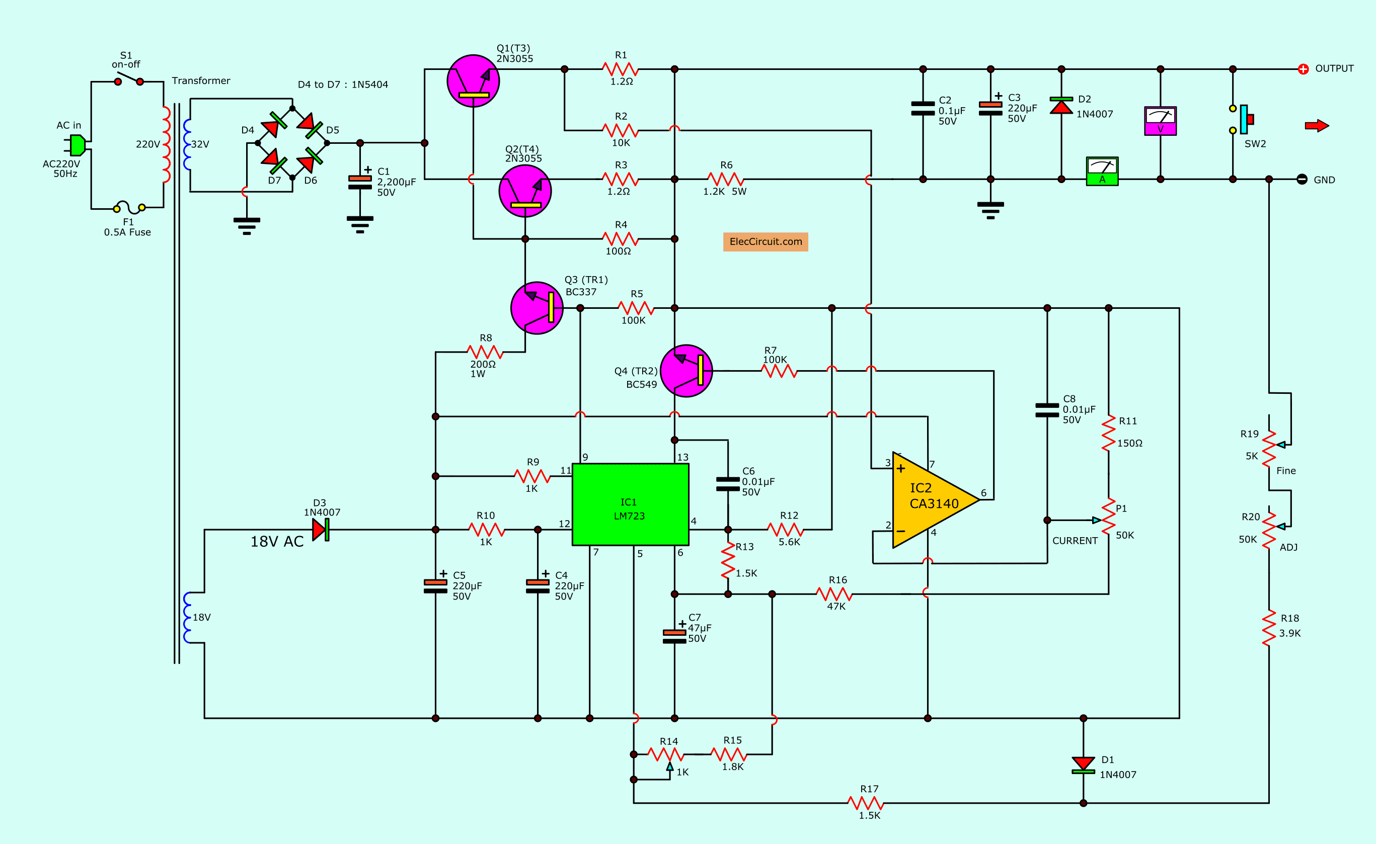 0 30V 0 5A regulated variable  power  supply  circuit 