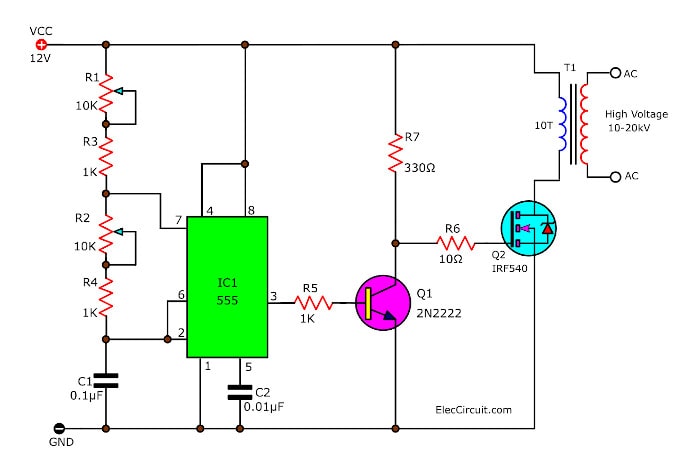 Efficient flyback driver circuit by IC 555 + IRF510