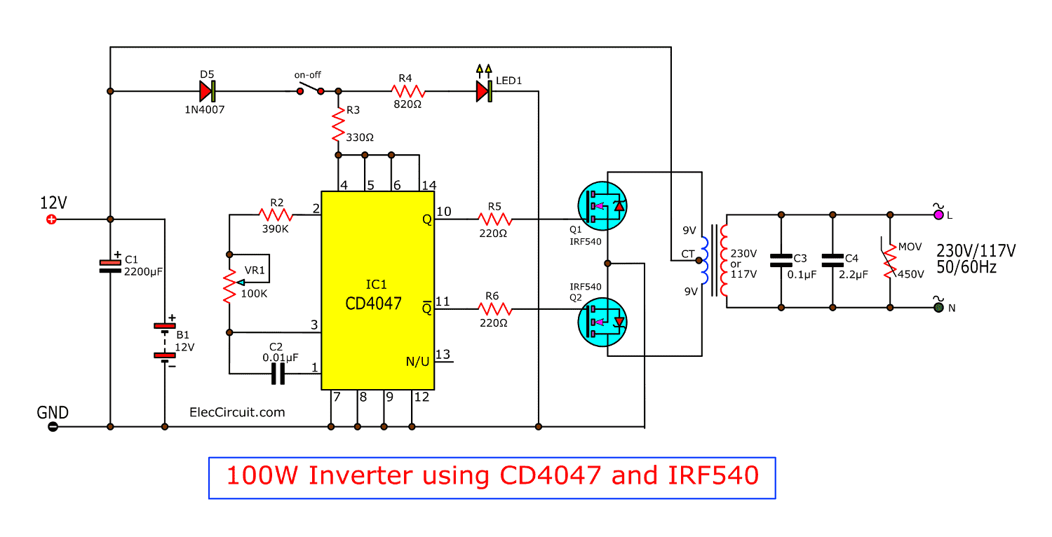 Four CD4047 Inverter circuit 60W 100W 12VDC to 220VAC Four CD4047 Inverter circuit 60W 100W 12VDC to 220VAC