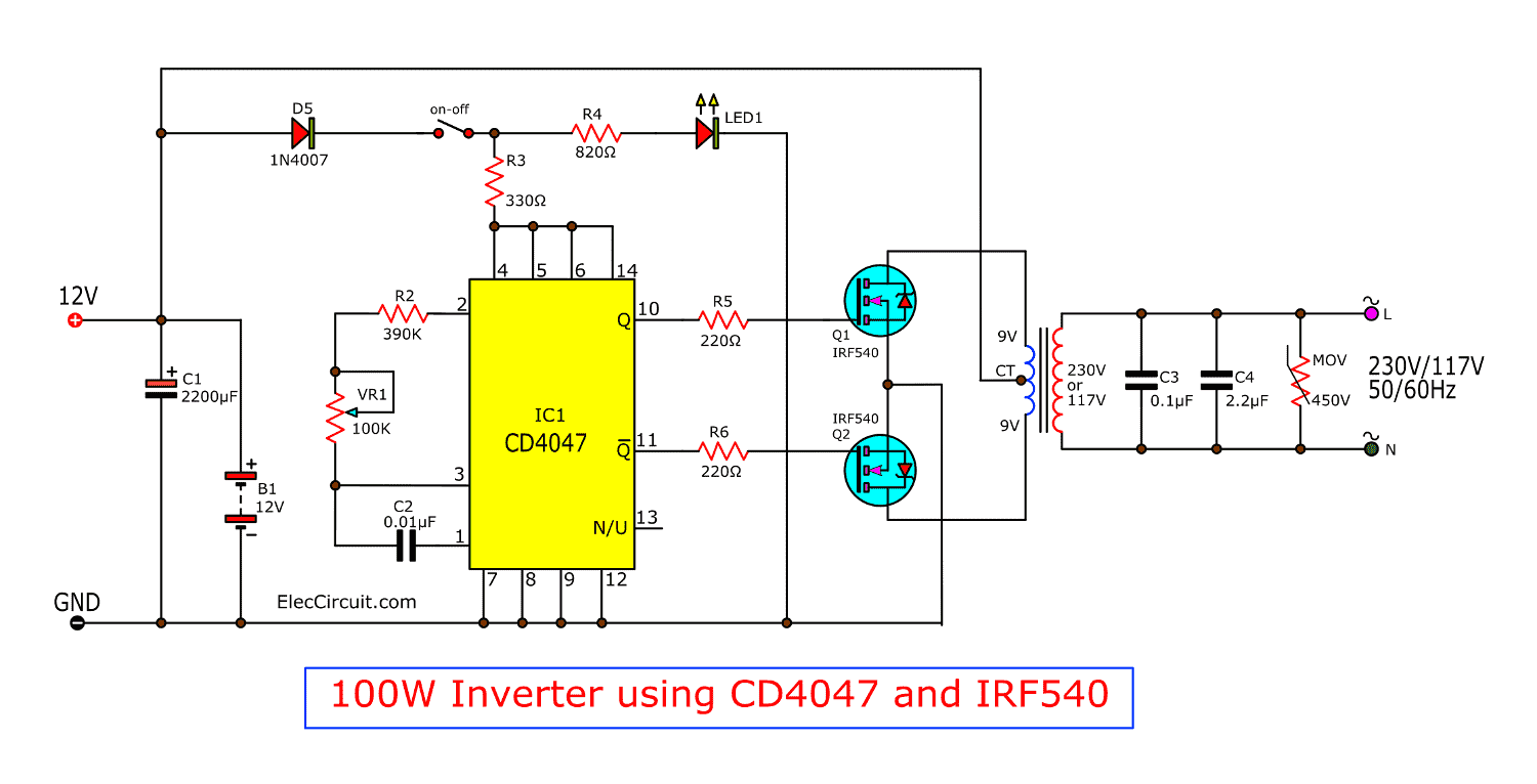Four CD4047 Inverter circuit 60W-100W 12VDC to 220VAC