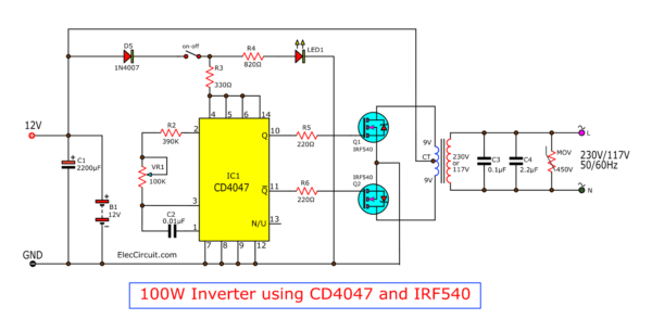 Click to View big size Inverter 100W 12VDC to 220V by IC 4047 - IRF540
