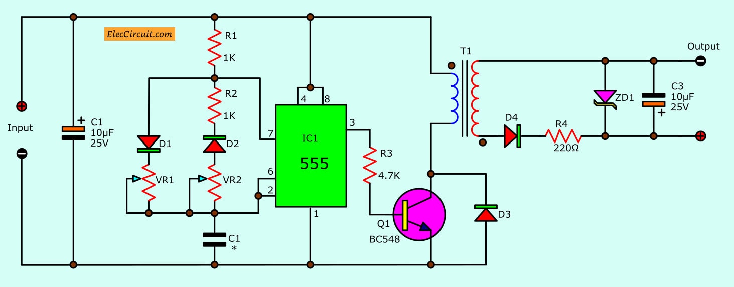 Simple DC Converter For Digital Circuit by IC 555 | ElecCircuit.com
