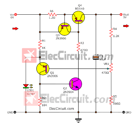 5V low dropout regulator circuit using transistor and LED