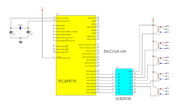 PIC Microcontroller 5 Relay Driver circuit using ULN2003