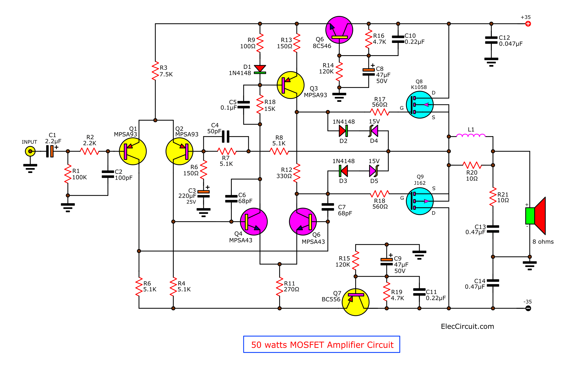 50w mosfet  amplifier  circuit  OCL using K1058 J162