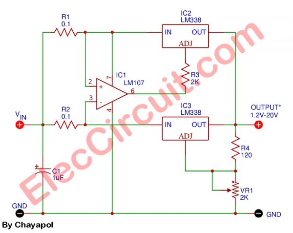 1-20V, 10A Adjustable DC Power Supply using LM338