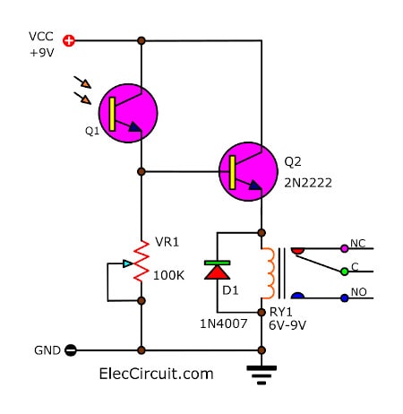 Light Actuated Relay Circuits by Photo Transistor