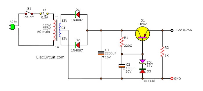 9V-12V Negative Voltage Regulator using PNP