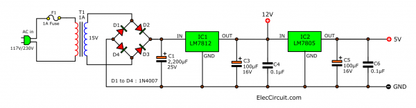 12V 5V Power supply circuit for digital CMOS and TTL