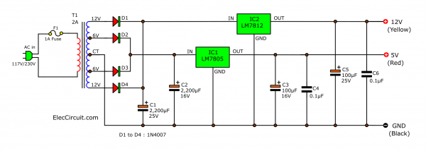 12V 5V power supply circuit using 7805 and LM7812