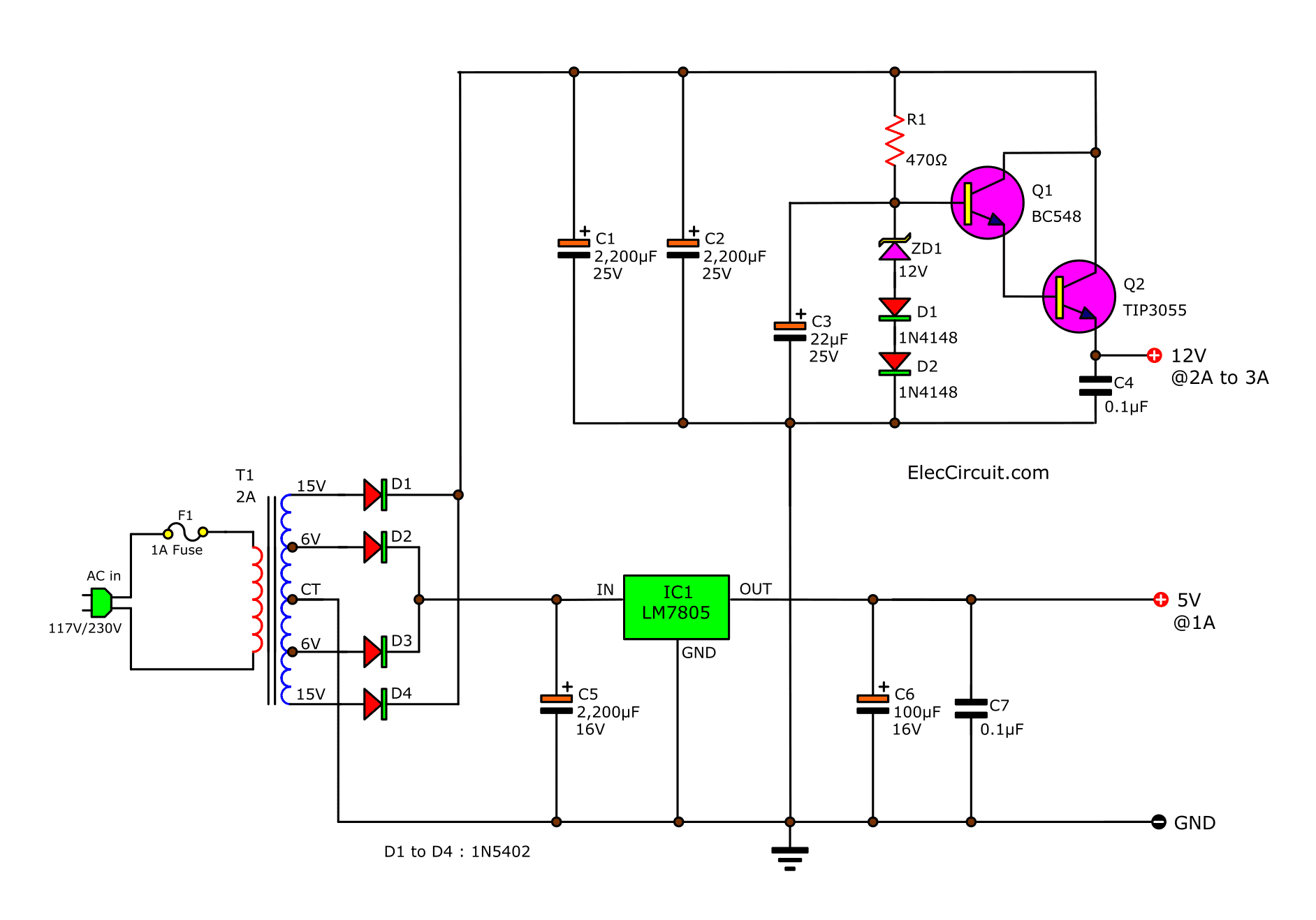 5V and 12V power supply - ElecCircuit - Electronic circuit