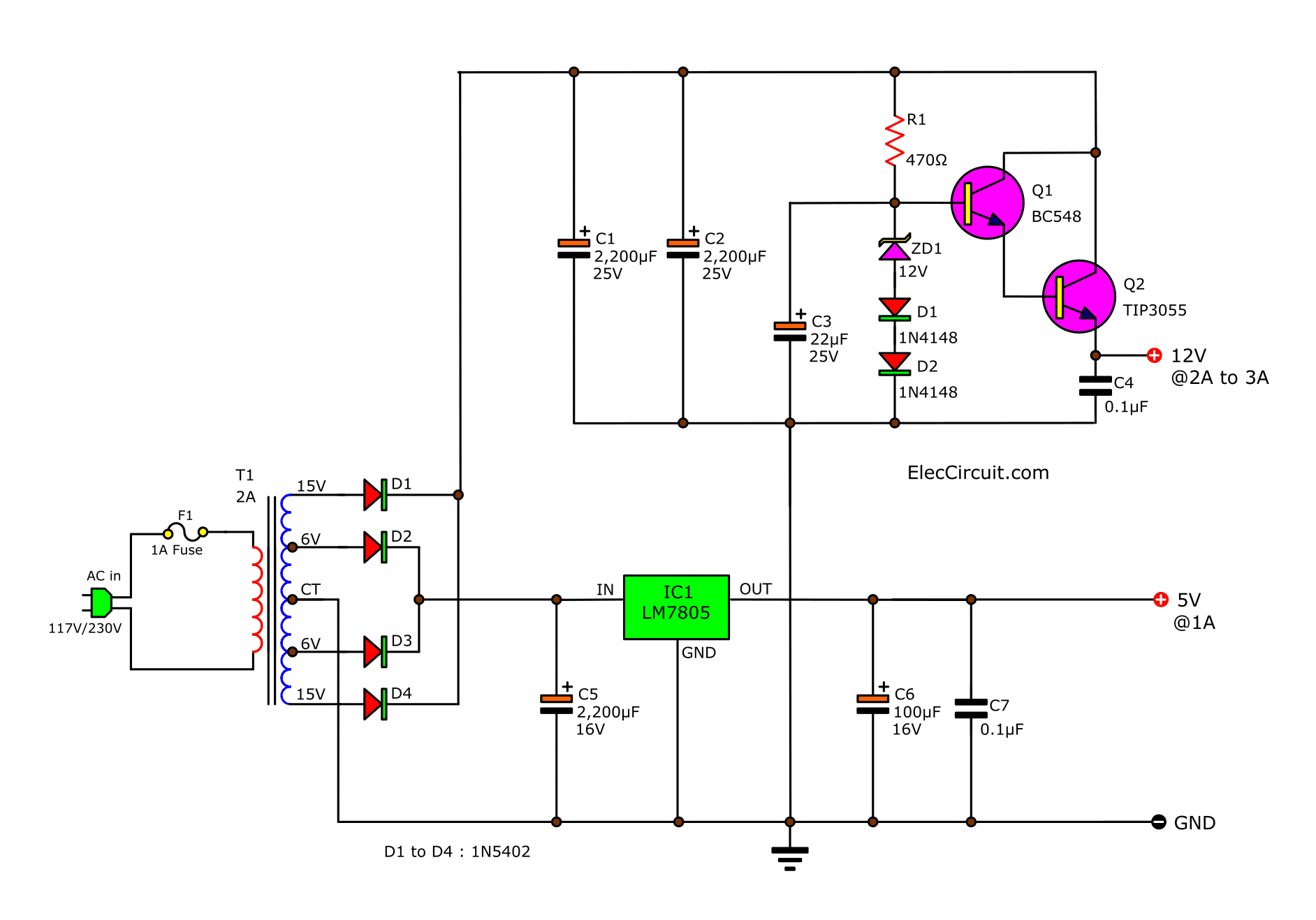 12 Volt 3 Amp Power Supply Circuit Diagram